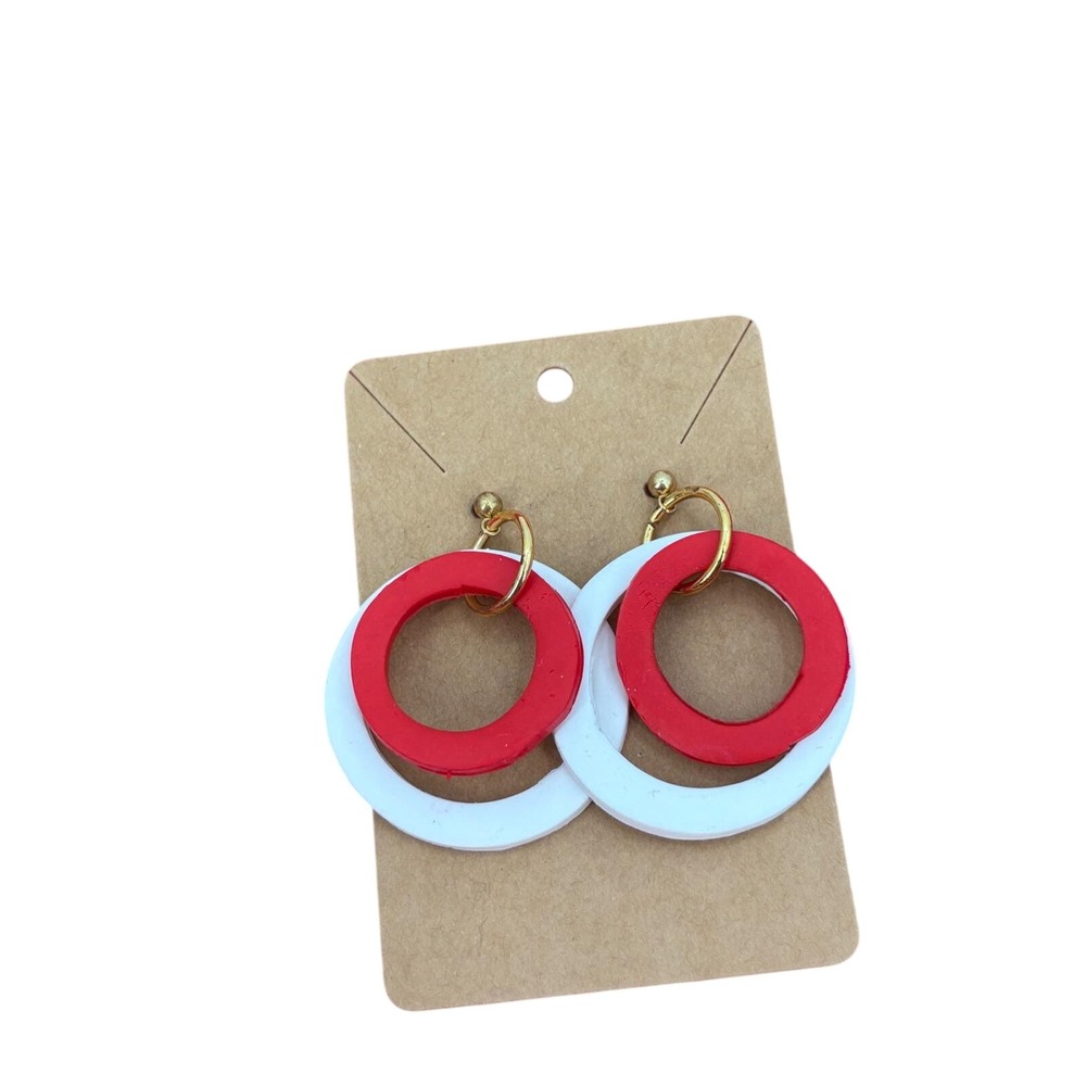 Handmade Dangle Hoop Earrings Red White Circle Drop Statement Bold polymer clay